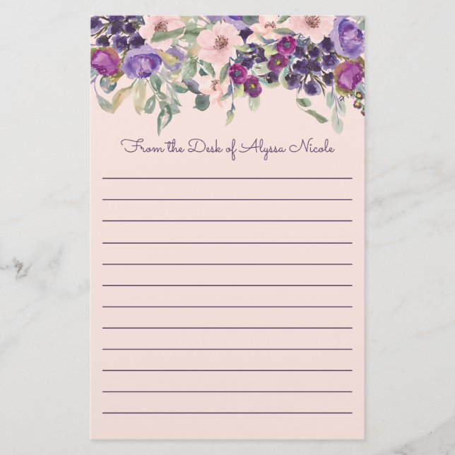 Cute Purple Blush Pink Floral White Lined  Stationery (Front)