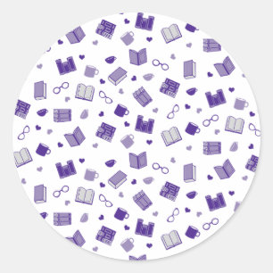 Cute Purple Book and Reading Pattern Classic Round Sticker