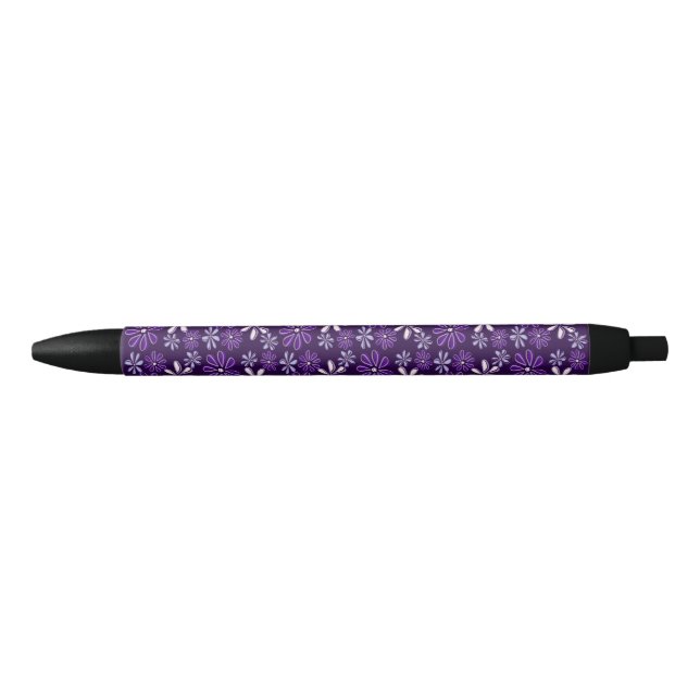 Cute Purple Botanical Flower Pattern Black Ink Pen (Front)