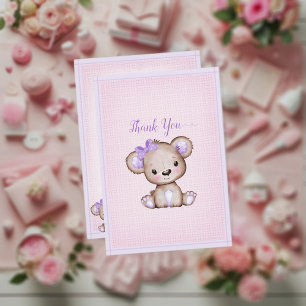 Cute Purple Brown Bear Baby Shower Thank You Card
