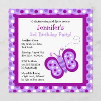 Cute Purple Butterfly & Polka Dots Birthday Invite