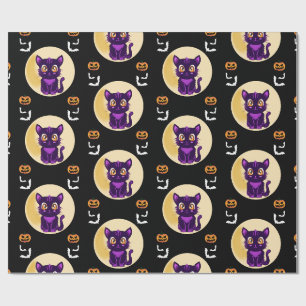 Cute Purple Cartoon cat kids halloween party  Wrapping Paper