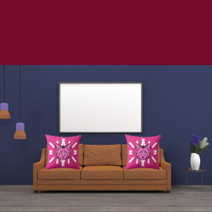 Cute Purple Cat And White Stripe On Modern Pink Throw Pillow