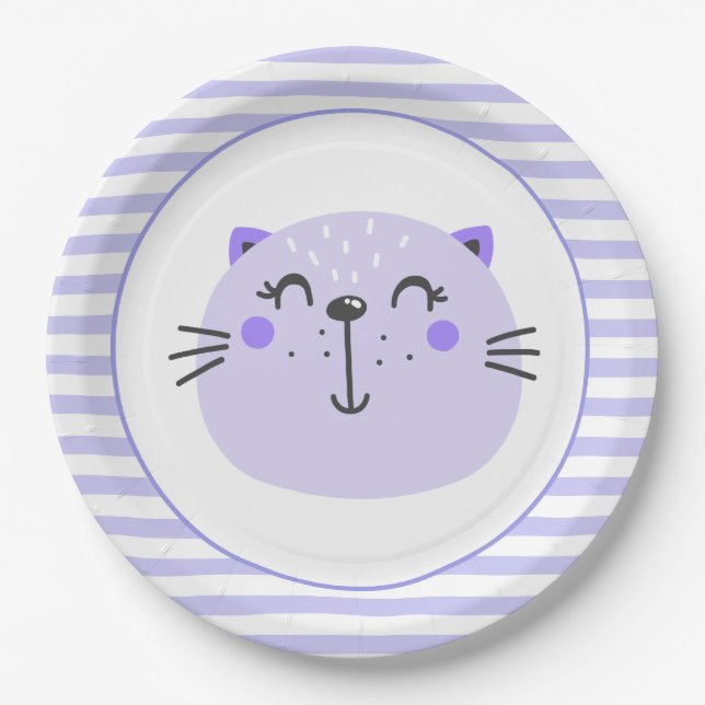 Cute Purple Cat | Baby Shower Paper Plates (Front)