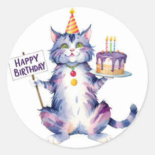 Cute Purple Cat Birthday Cake - Birthday Classic Round Sticker