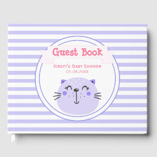 Cute Purple Cat Lilac Striped Baby Shower Guest Book