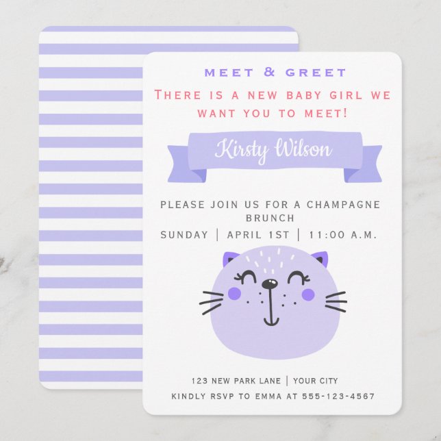 Cute Purple Cat | Meet & Greet New Baby Invitation (Front/Back)