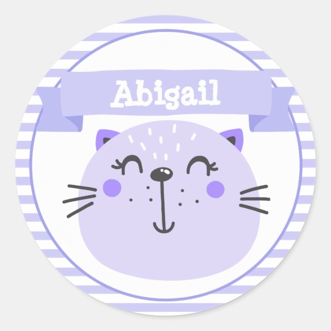 Cute Purple Cat | Personalized Classic Round Sticker (Front)