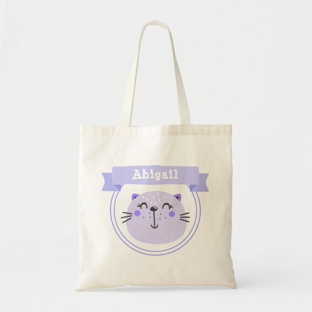 Cute Purple Cat | Personalized Kids / Girls Tote Bag (Front)