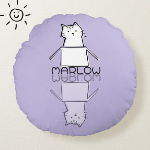 Cute Purple Cat Reflection Doodle Custom Name Round Pillow