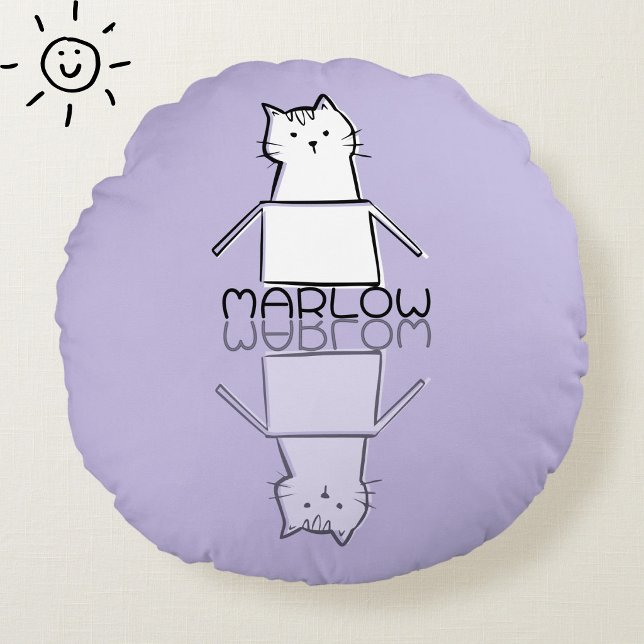 Cute Purple Cat Reflection Doodle Custom Name  Round Pillow (Creator Uploaded)