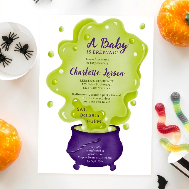 Cute purple cauldron green halloween baby shower invitation (Cute purple caldron green halloween baby shower invitation)
