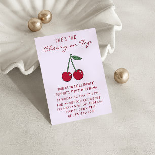 Cute Purple Cherry on Top First Birthday Invitation