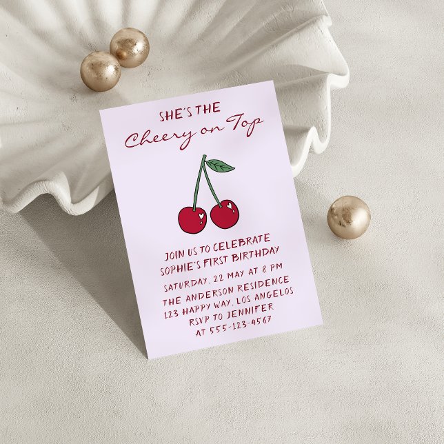 Cute Purple Cherry on Top First Birthday Invitation (Creator Uploaded)