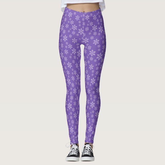 Cute Purple Christmas Snowflake Snow Pattern Leggings (Front)