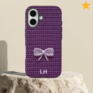 Cute Purple Crochet Bow Yarn Custom Name iPhone 16 Case