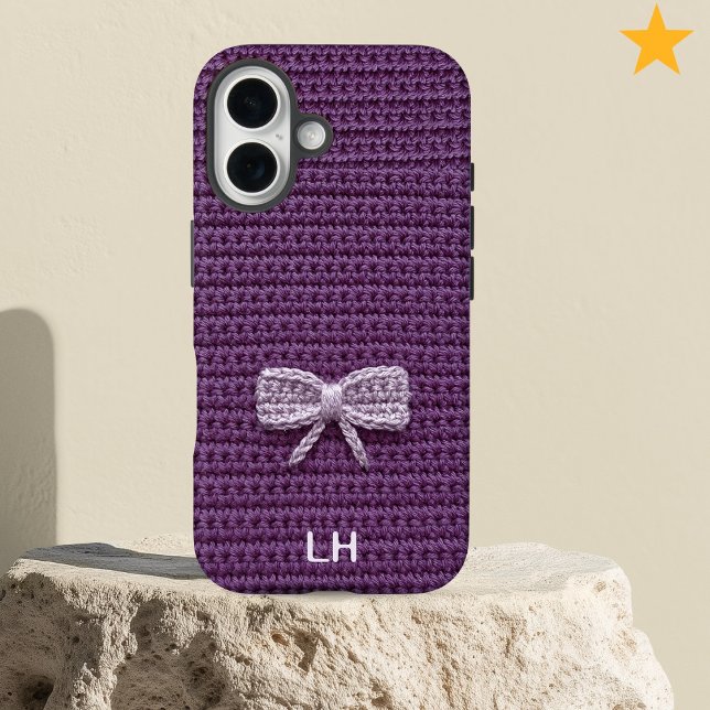 Cute Purple Crochet Bow Yarn Custom Name Case-Mate iPhone Case (Creator Uploaded)