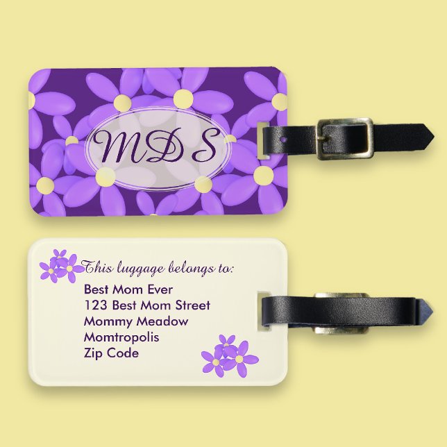 Cute Purple Daisy Floral Monogram Luggage Tag (For Mother's Day or just because you love your Mom. Add her details)