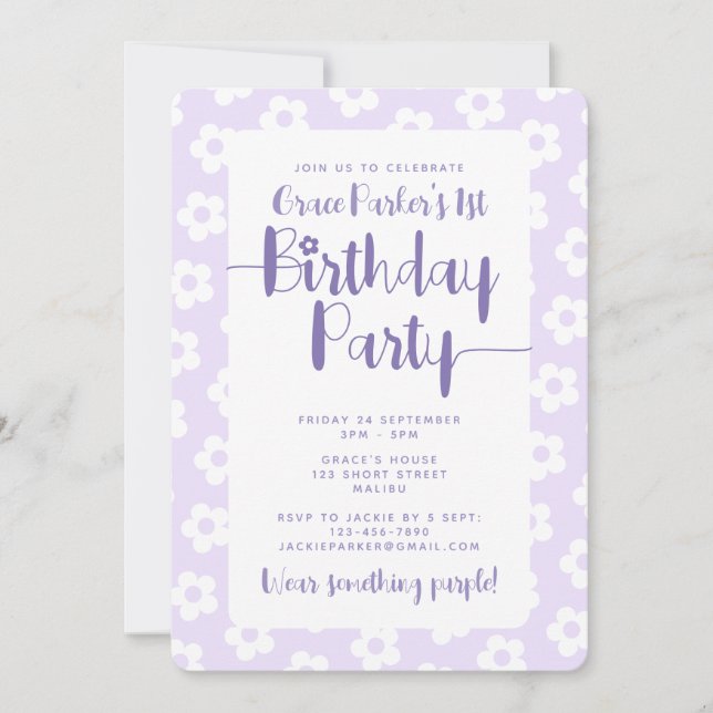 Cute Purple Daisy Pattern 1st Birthday Party Invitation (Front)
