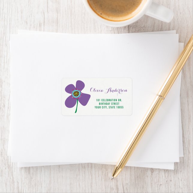 Cute Purple Daisy Pop Chic Birthday Party Address Label (Insitu)