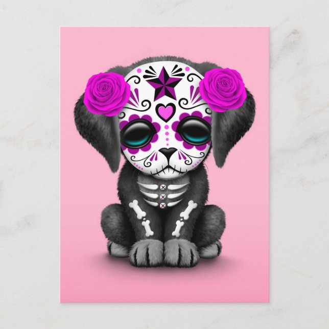 Cute Purple Day of the Dead Puppy Dog Pink Postcard (Front)
