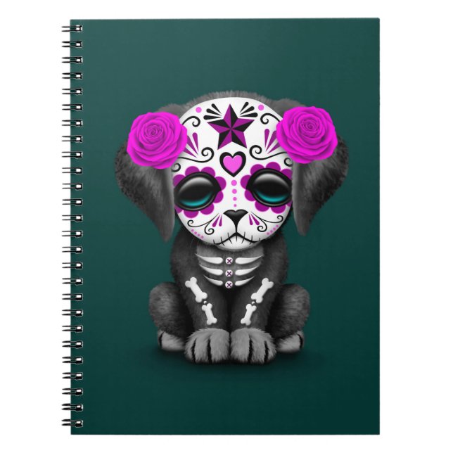 Cute Purple Day of the Dead Puppy Dog Teal Notebook (Front)