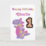 Cute Purple Dinosaur 1st Birthday Card<br><div class="desc">Celebrate a special 1st birthday with the adorable,  bright and colourful dinosaur birthday. Personalize the name to create the perfect card.</div>
