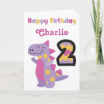 Cute Purple Dinosaur 2nd Birthday Card<br><div class="desc">Celebrate a special 2nd birthday with the adorable,  bright and colourful dinosaur birthday. Personalize the name to create the perfect card.</div>