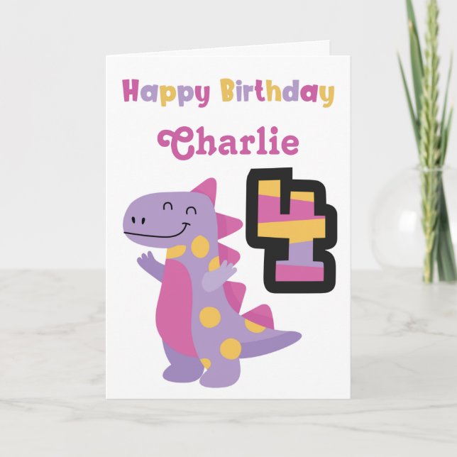 Cute Purple Dinosaur 4th Birthday Card (Front)