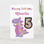 Cute Purple Dinosaur 5th Birthday Card<br><div class="desc">Celebrate a special 5th birthday with the adorable,  bright and colourful dinosaur birthday. Personalize the name to create the perfect card.</div>