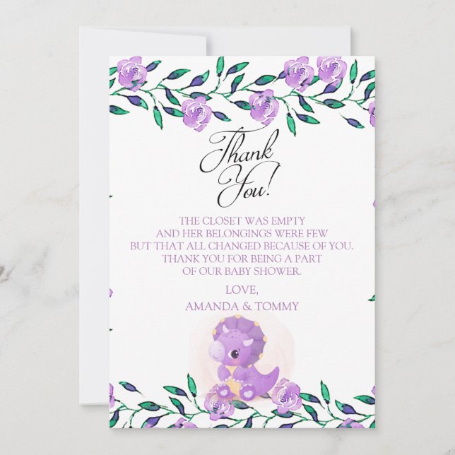 Cute Purple Dinosaur Baby Shower Thank You Card (Front)