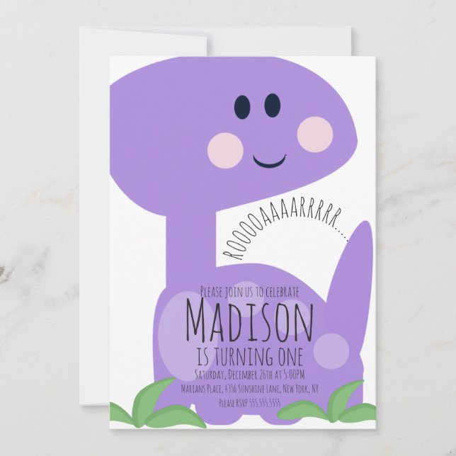 Cute Purple Dinosaur Birthday Invitation (Front)