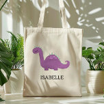 Cute Purple Dinosaur Personalized Tote Bag<br><div class="desc">This girls' tote bag features a cute illustration of a purple and green dinosaur with pink spots and long eyelashes. Personalize it with your child's name in black letters. Makes a great book bag!</div>