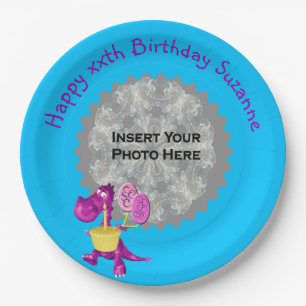 Cute Purple Dinosaur Photo Birthday Party Paper Plate