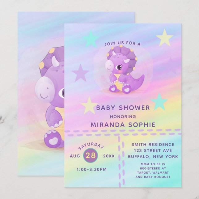 Cute Purple Dinosaur Rainbow Art Baby Shower  Invi Invitation (Front/Back)