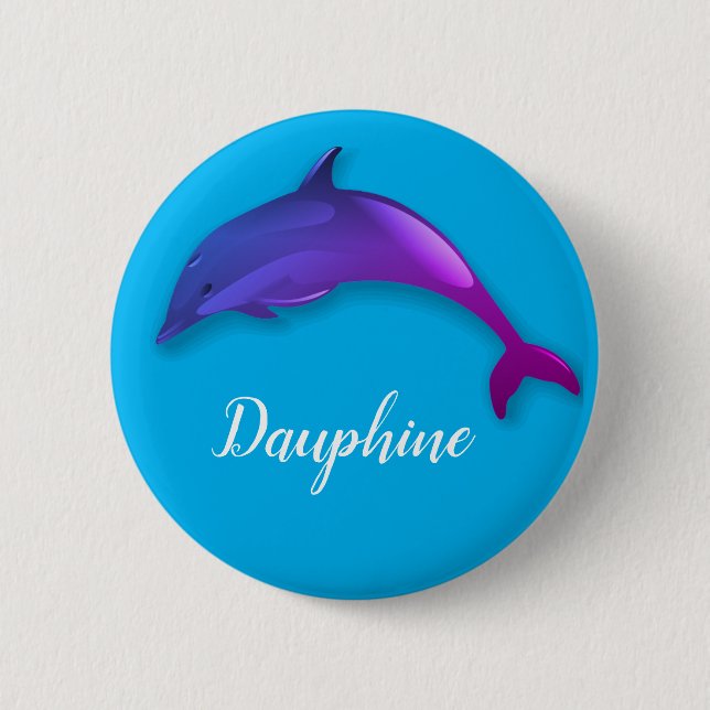 Cute  purple  dolphin in sky blue  -  add name 2 inch round button (Front)