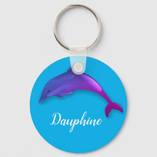 Cute purple dolphin in sky blue - add name keychain