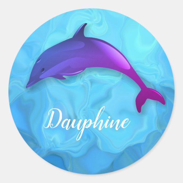 Cute  purple  dolphin  in water -  add name  classic round sticker (Front)