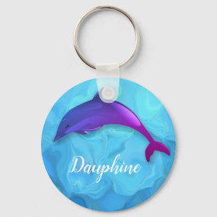 Cute  purple  dolphin  in water -  add name keychain