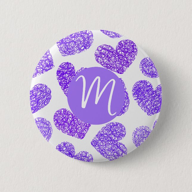 Cute Purple Doodled Heart Valentine's Day Monogram 2 Inch Round Button (Front)