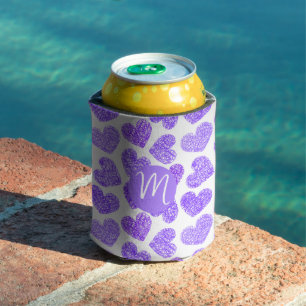 Cute Purple Doodled Heart Valentine's Day Monogram Can Cooler