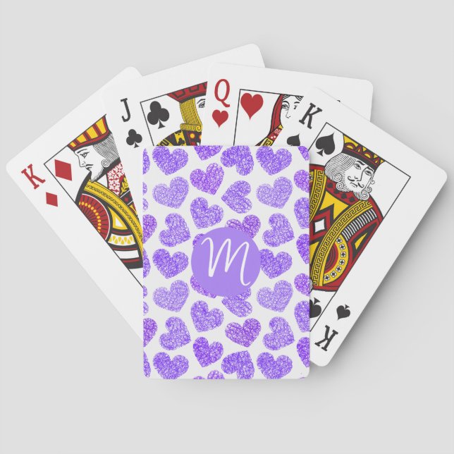 Cute Purple Doodled Heart Valentine's Day Monogram Playing Cards (Back)