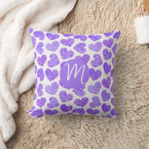 Cute Purple Doodled Heart Valentine's Day Monogram Throw Pillow