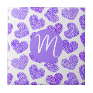 Cute Purple Doodled Heart Valentine's Day Monogram Tile
