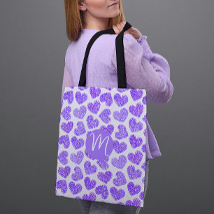 Cute Purple Doodled Heart Valentine's Day Monogram Tote Bag