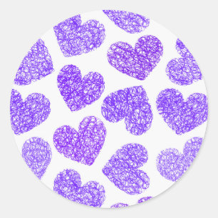 Cute Purple Doodled Heart Valentine's Day Pattern Classic Round Sticker