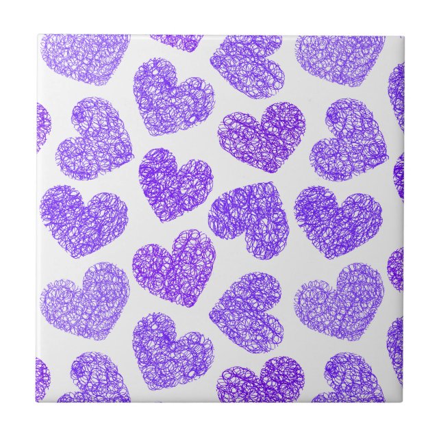 Cute Purple Doodled Heart Valentine's Day Pattern Tile (Front)