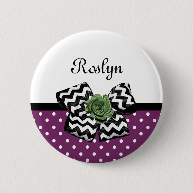 Cute Purple Dots Green Rose Chevron Bow With Name 2 Inch Round Button (Front)