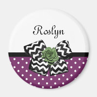 Cute Purple Dots Green Rose Chevron Bow With Name