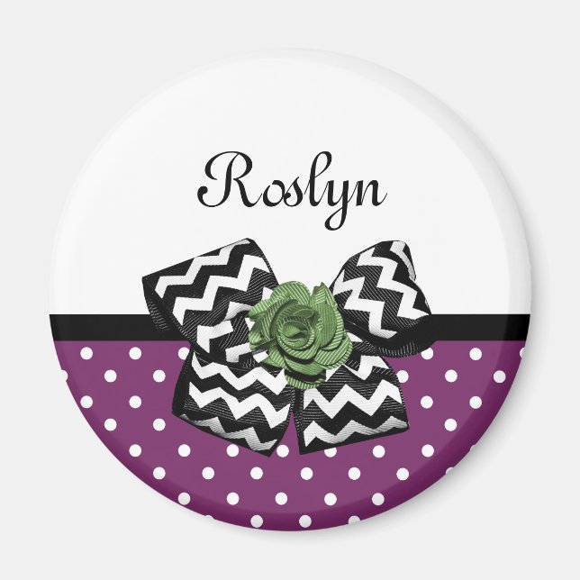 Cute Purple Dots Green Rose Chevron Bow With Name Magnet (Front)